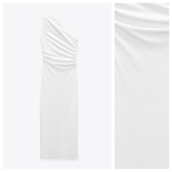 NWT. Zara White Knit Fabric Midi Dress with Asymmetric Neckline. Size XL - Picture 6 of 10